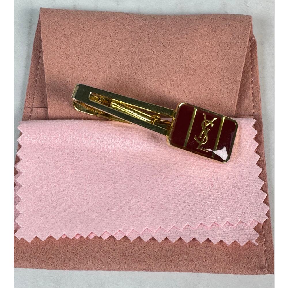 YSL Yves Saint Laurent Burgundy Enamel Gold Tone Tie Clip Vintage